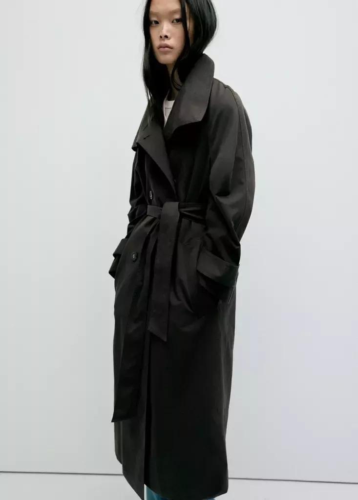 Brown Long Funnel Neck Belted Trench Coat, , large image number 1