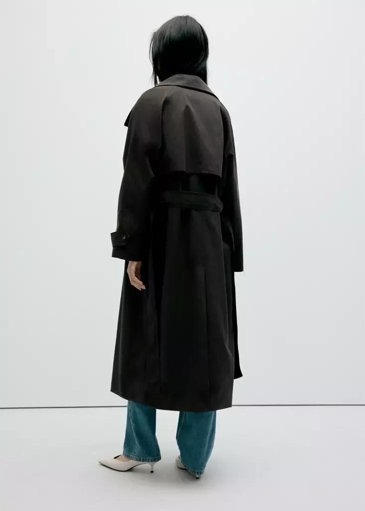 Brown Long Funnel Neck Belted Trench Coat, , large image number 2