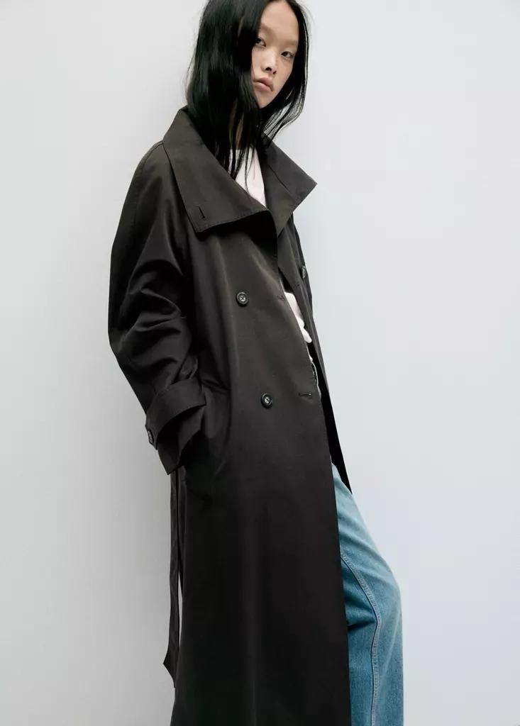 Brown Long Funnel Neck Belted Trench Coat, , large image number 4