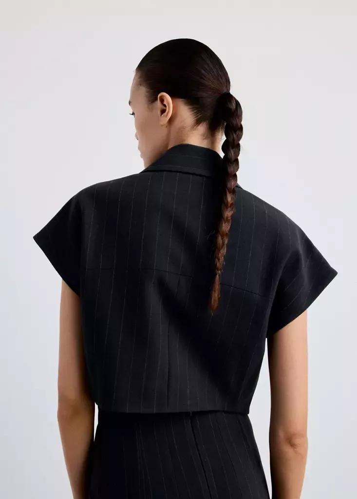 Navy Pinstripe Shirt-Style Waistcoat, Navy, medium