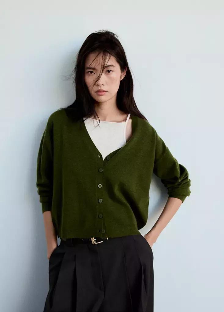 Green V-Neck Buttoned Cardigan, Dark Green, medium