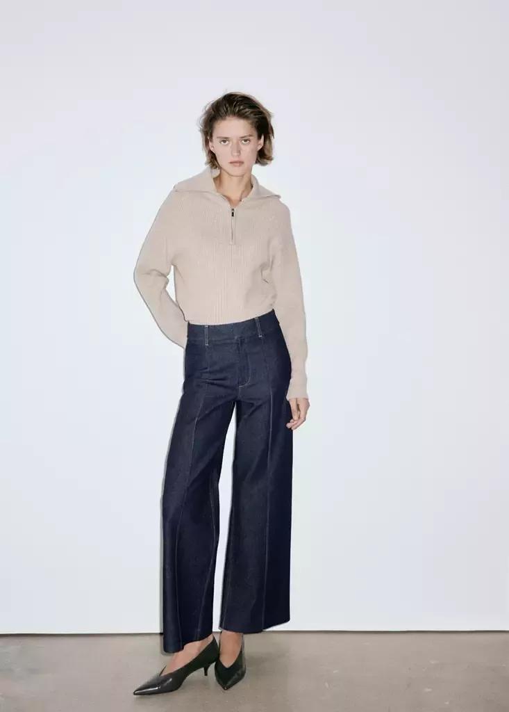 Blue High-Waisted Wide Leg Jeans With Stitching, , large image number 0