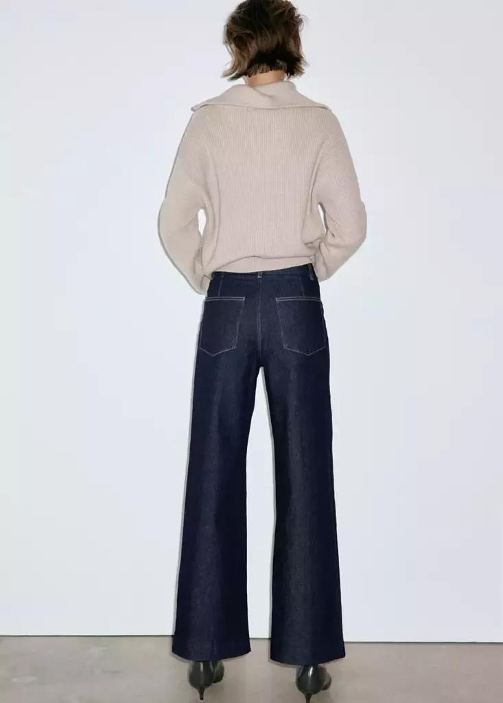 Blue High-Waisted Wide Leg Jeans With Stitching, , large image number 2