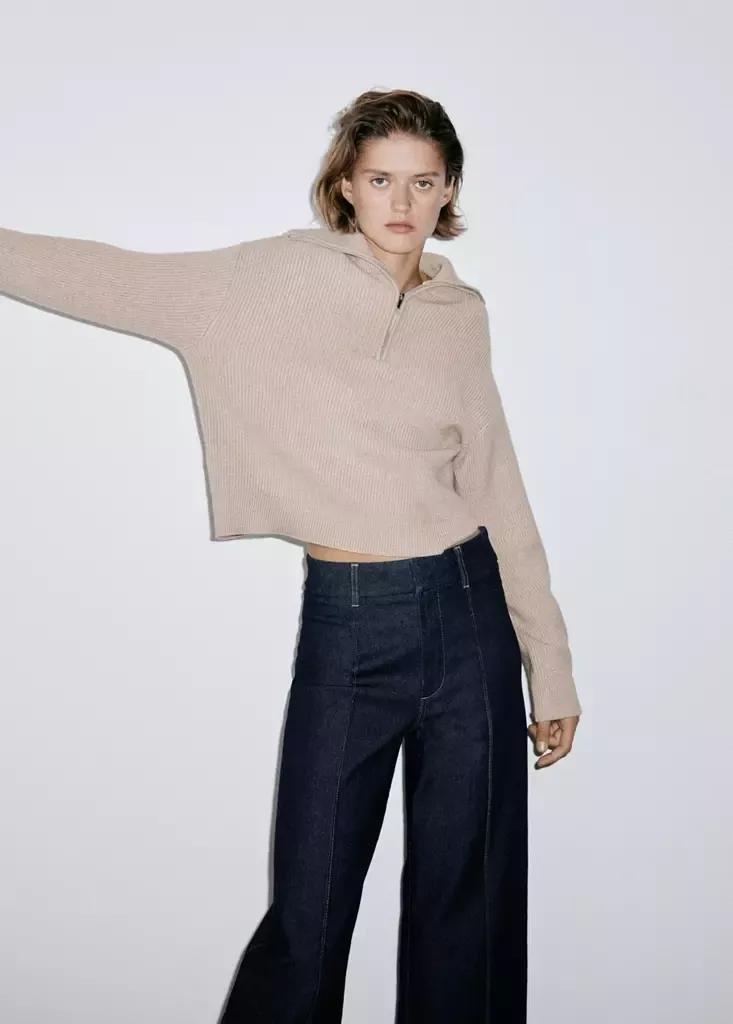 Blue High-Waisted Wide Leg Jeans With Stitching, , large image number 3