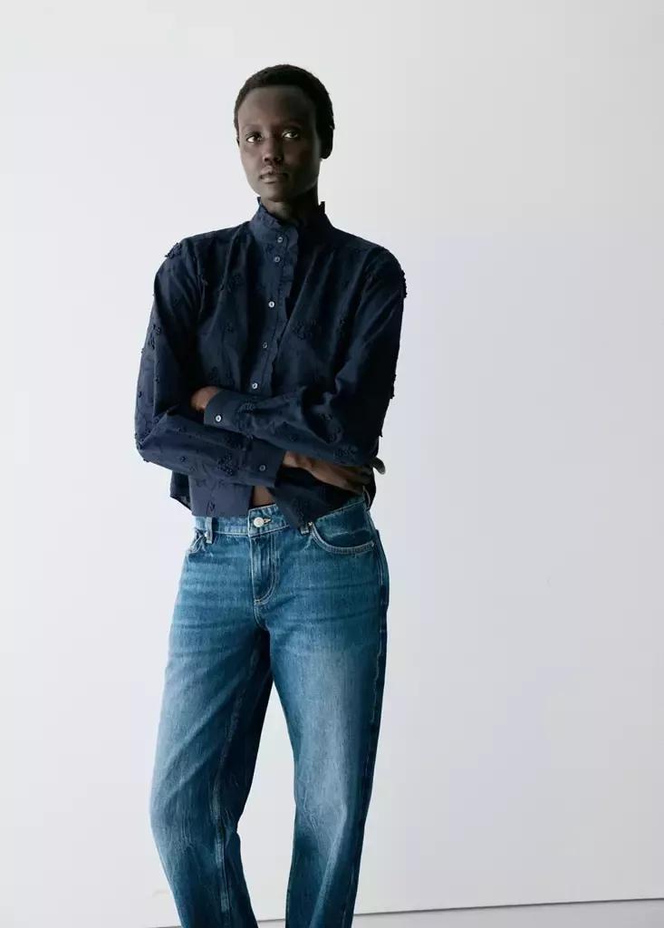 Navy Embroidered Blouse With Frill Detail, Navy, large image number 4