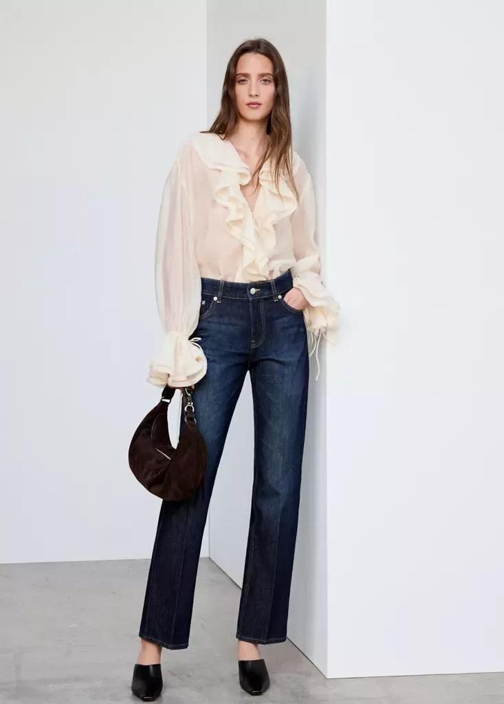 Navy Mid-Rise Straight Jeans, Open Blue, large image number 0
