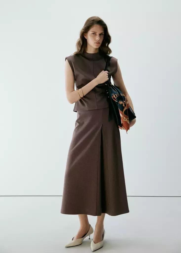 Brown High-Neck Top With Seam Detailing, Brown, medium