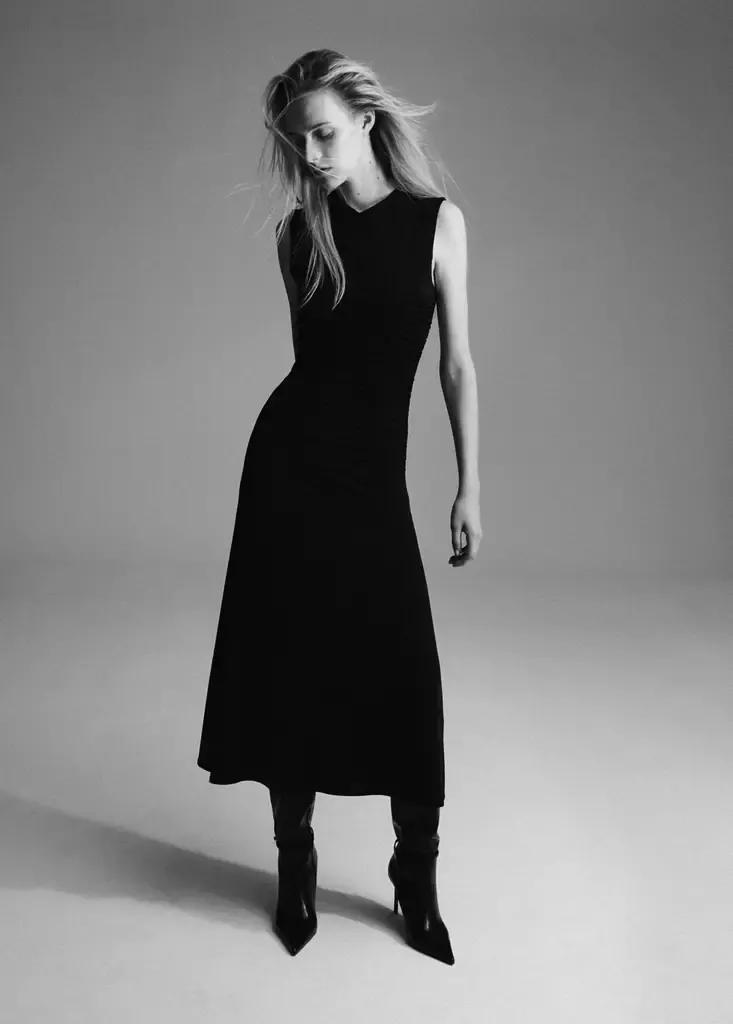 Black Long Dress With Draped Detailing, Black, medium