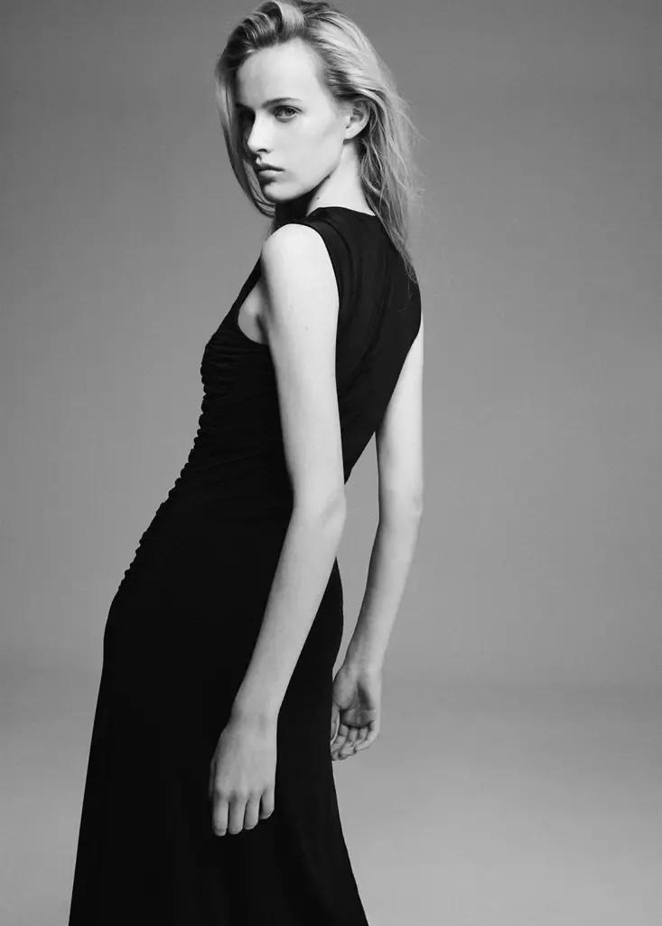 Black Long Dress With Draped Detailing, Black, large image number 2