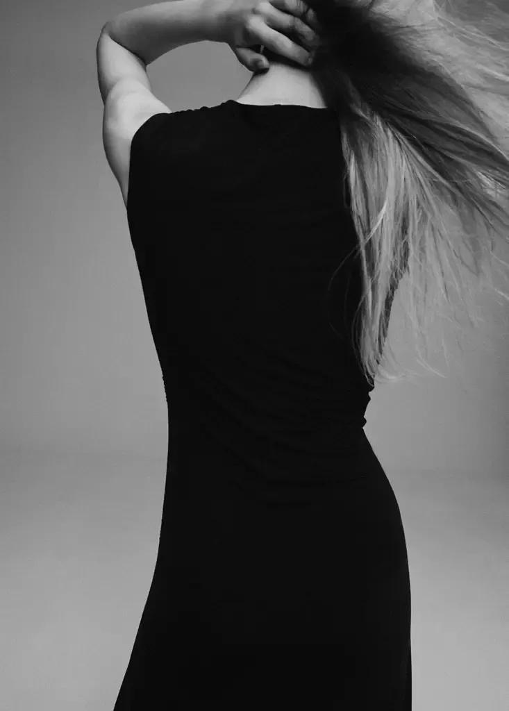 Black Long Dress With Draped Detailing, Black, large image number 3