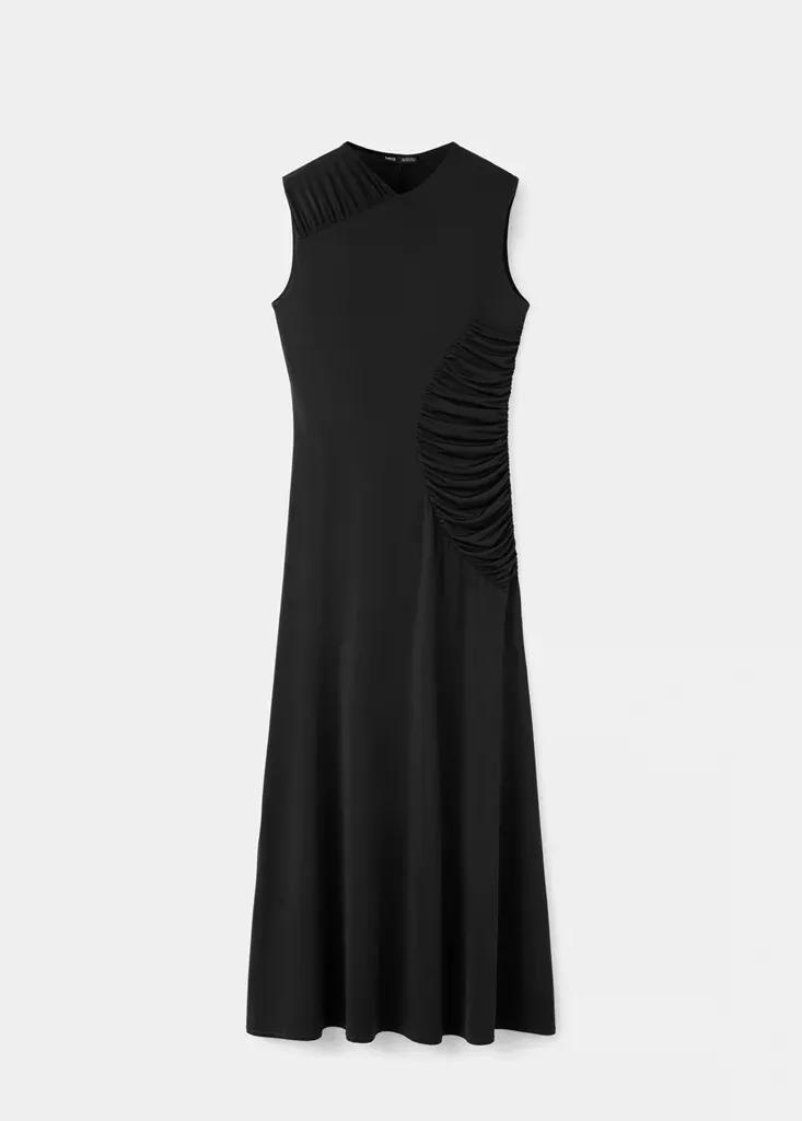 Black Long Dress With Draped Detailing, Black, large image number 4