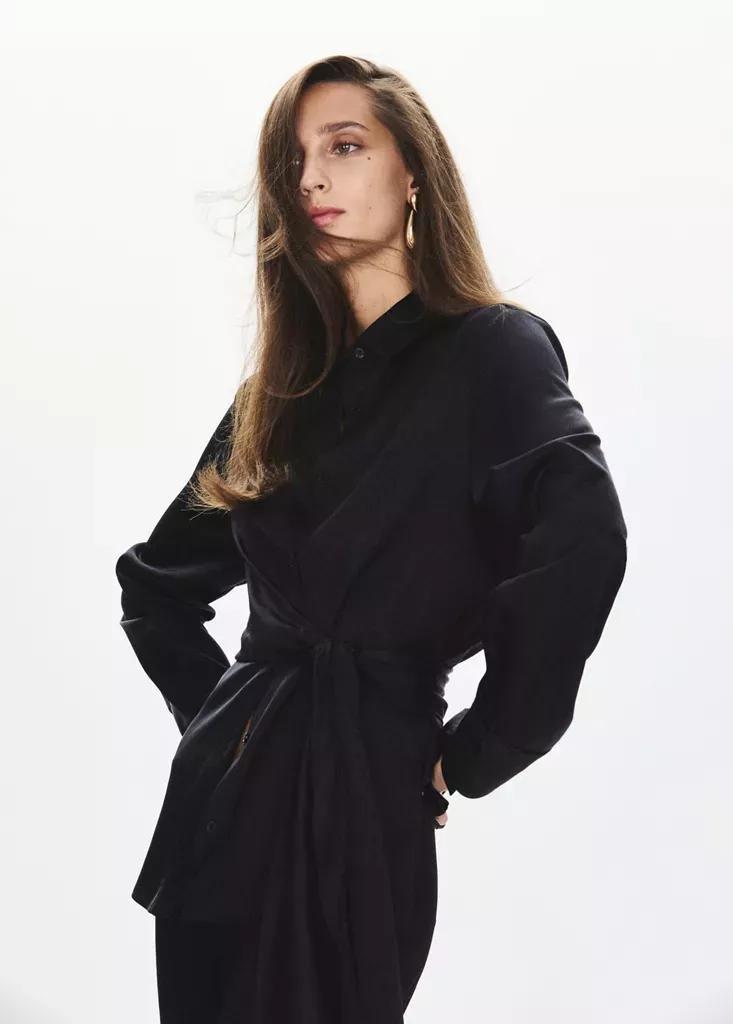 Black Straight-Fit Shirt With Bow Detail, Black, medium
