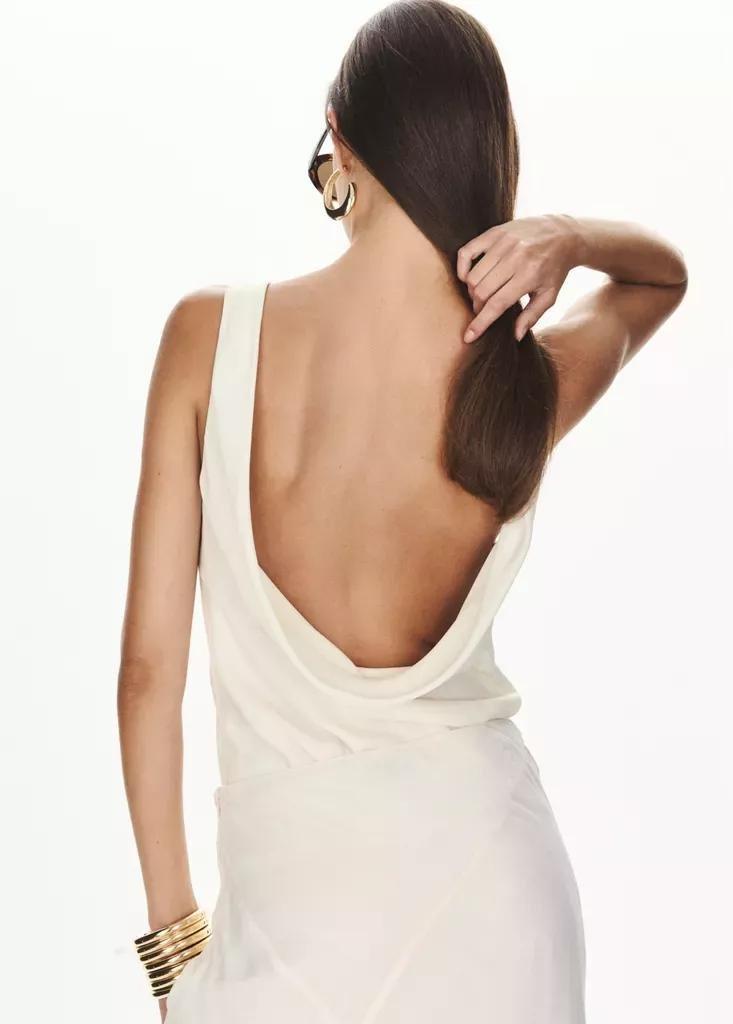 Beige Satin Top With Draped Back, Light Beige, medium