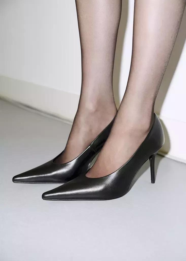 Black Pointed-Toe Leather Heeled Shoes, Black, medium