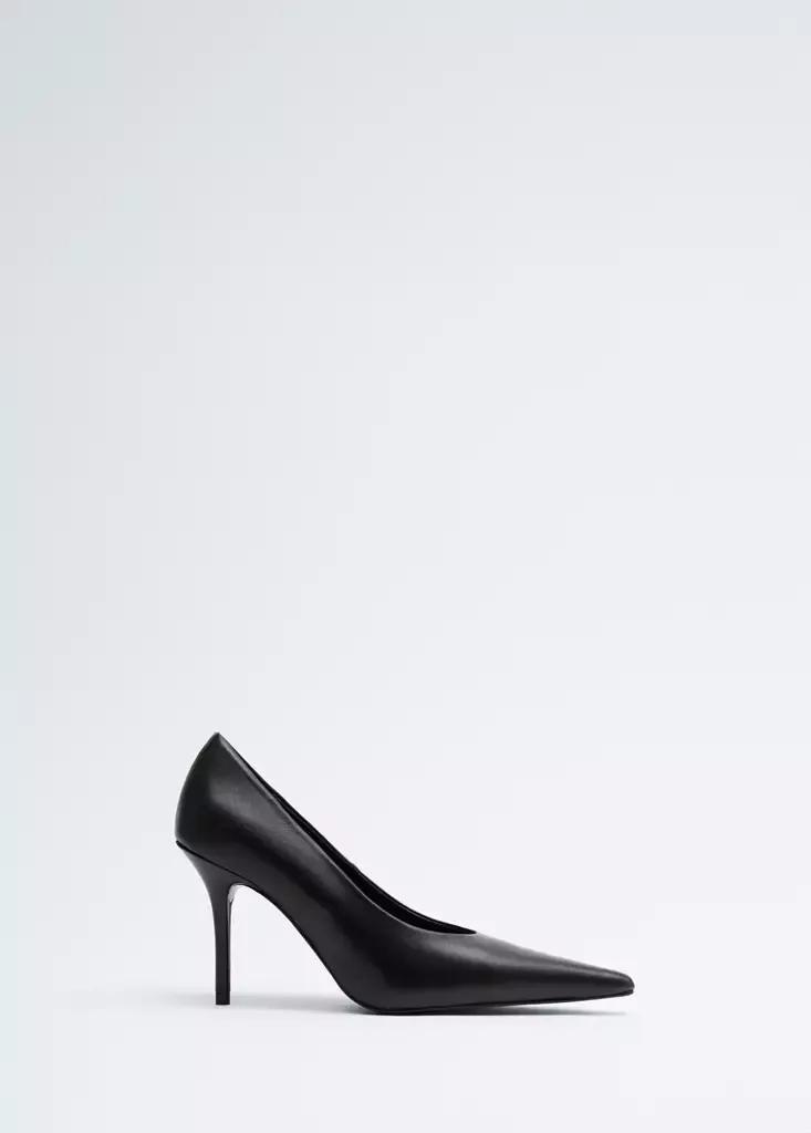 Black Pointed-Toe Leather Heeled Shoes, Black, medium