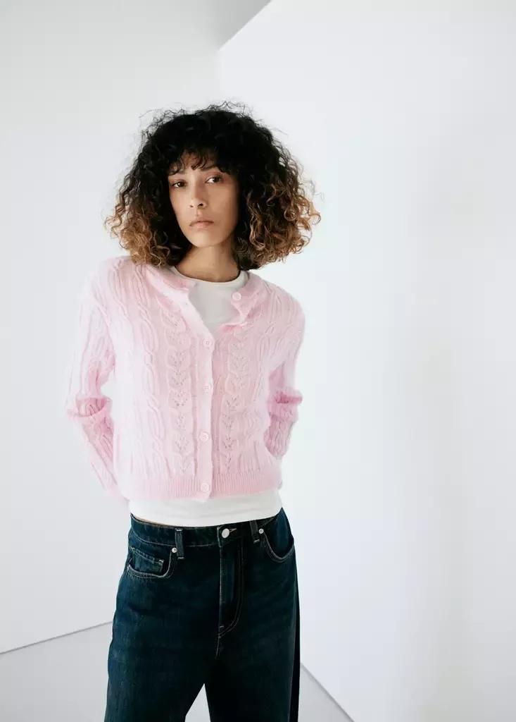 Pink Cable-Knit Cardigan, Light-Pastel Pink, medium