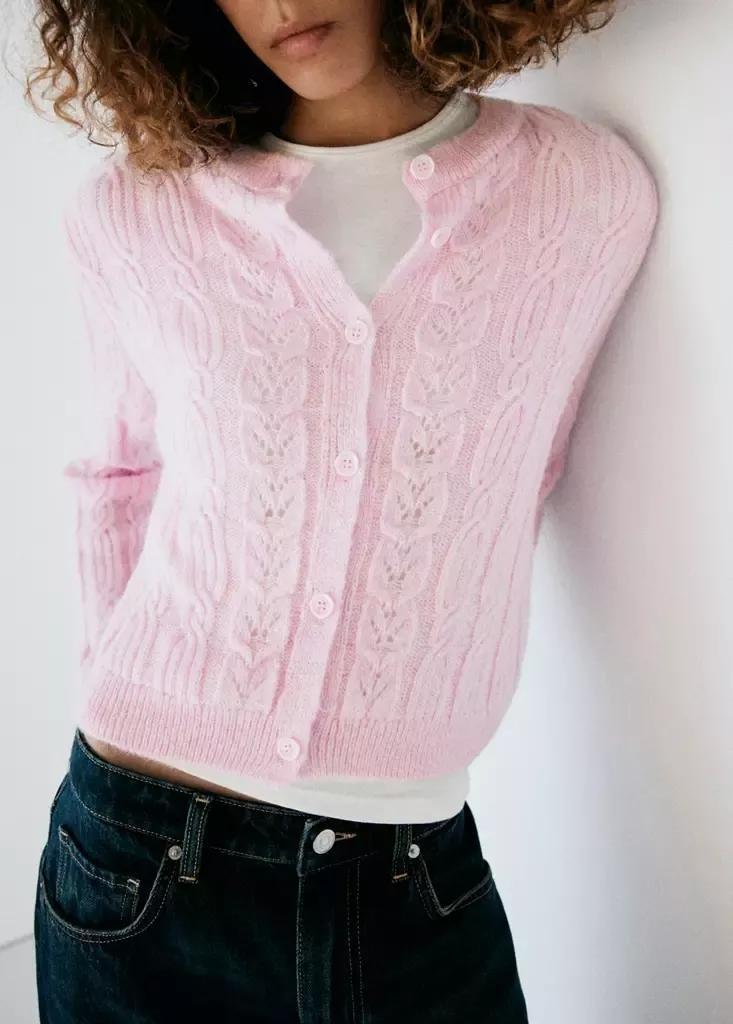 Pink Cable-Knit Cardigan, Light-Pastel Pink, large image number 3