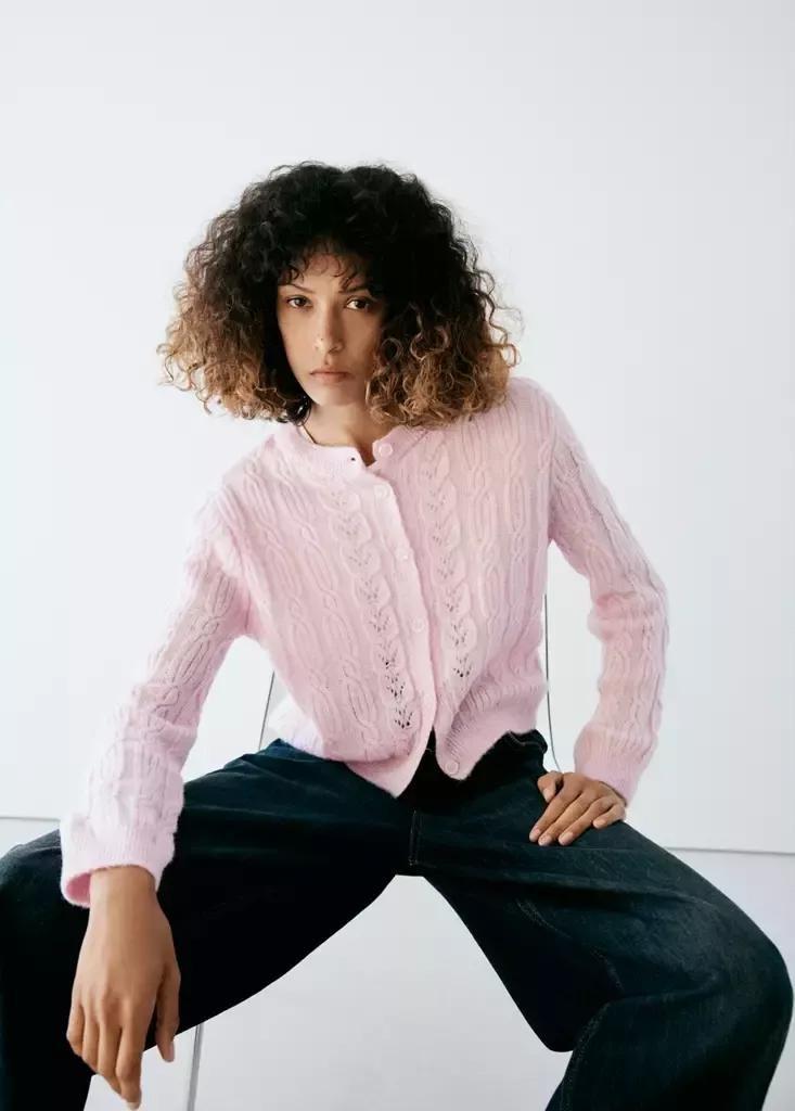 Pink Cable-Knit Cardigan, Light-Pastel Pink, large image number 4