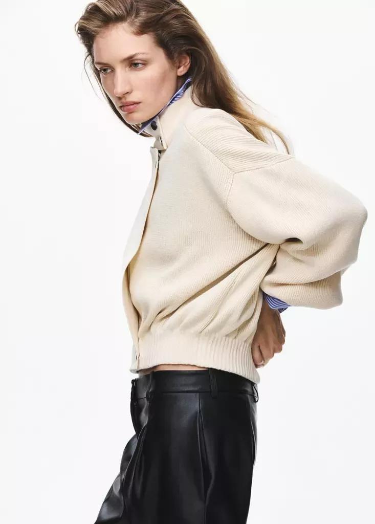 Beige Knitted Bomber Jacket, Light Beige, large image number 4