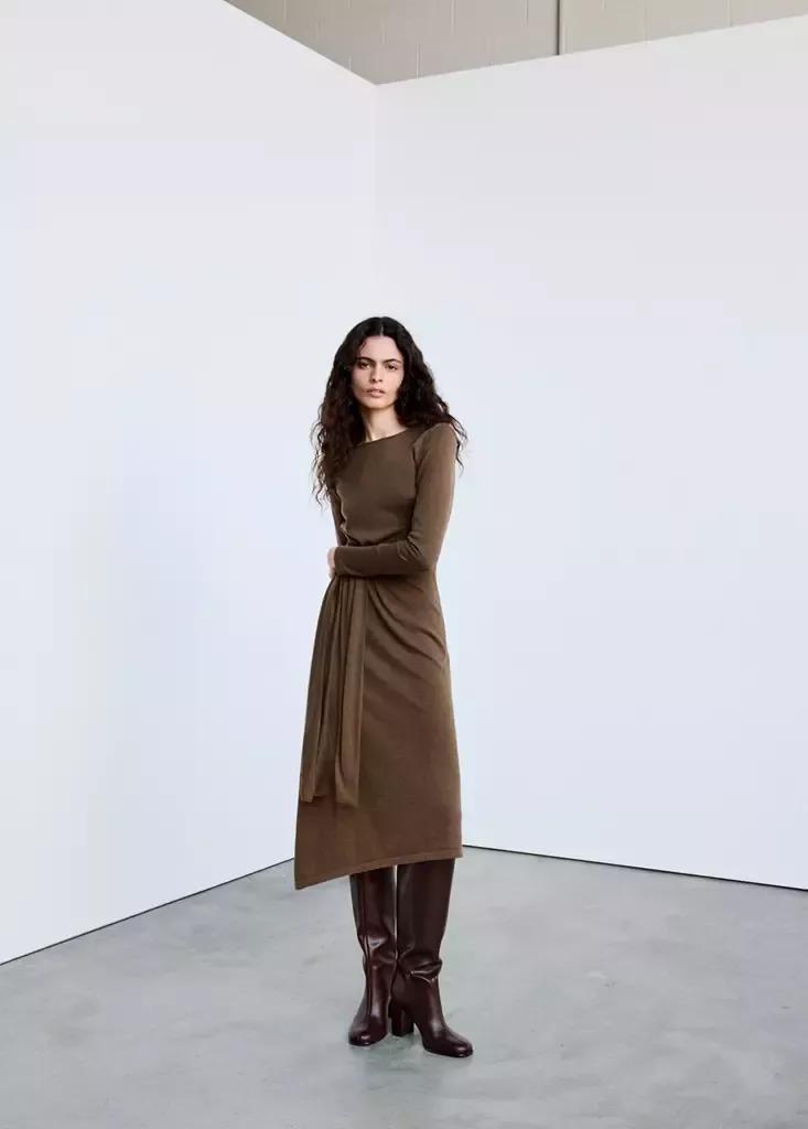 Brown Knitted Dress With Tie Detail, Medium Brown, medium