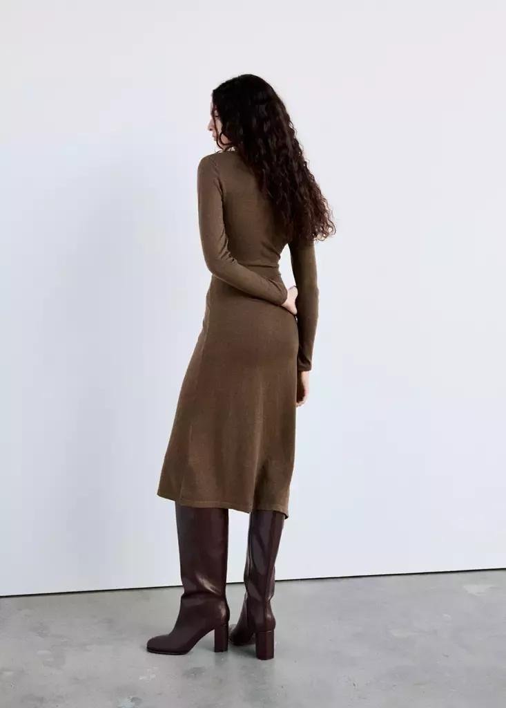 Brown Knitted Dress With Tie Detail, Medium Brown, large image number 2
