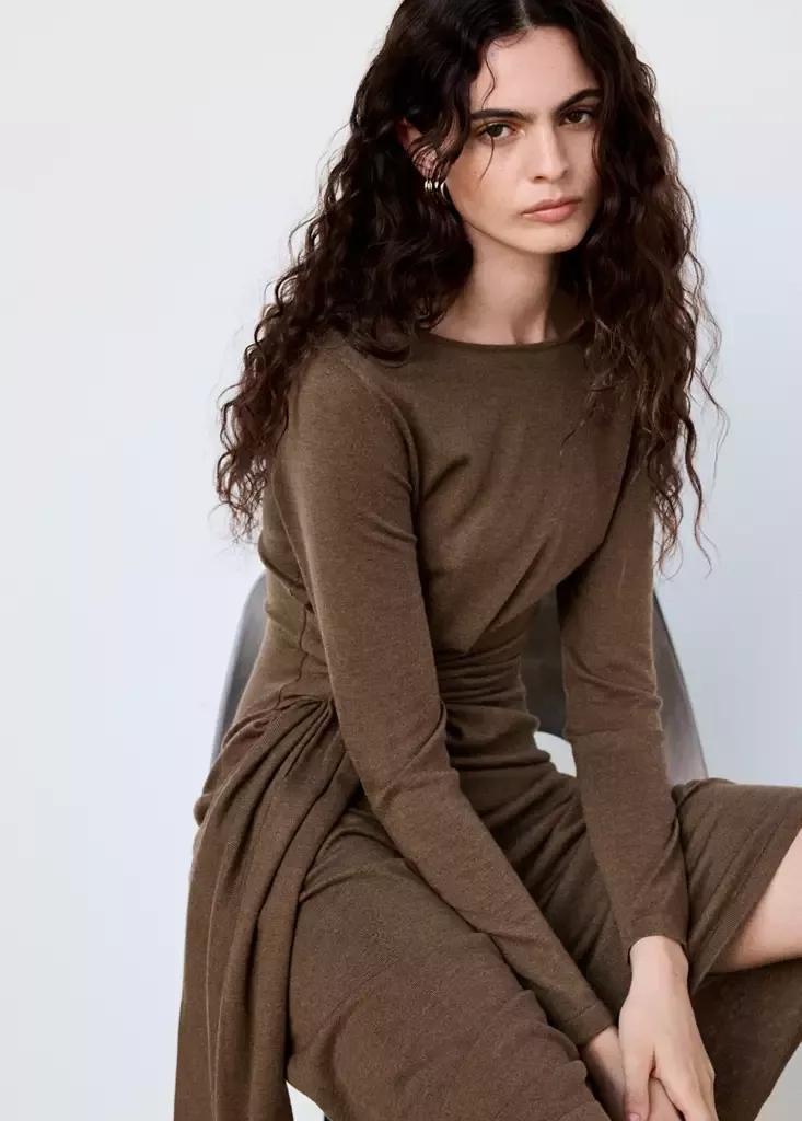 Brown Knitted Dress With Tie Detail, Medium Brown, large image number 3