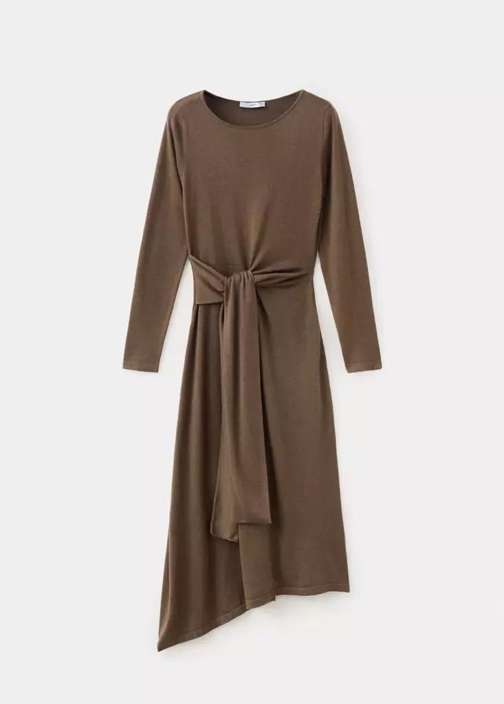 Brown Knitted Dress With Tie Detail, Medium Brown, large image number 4