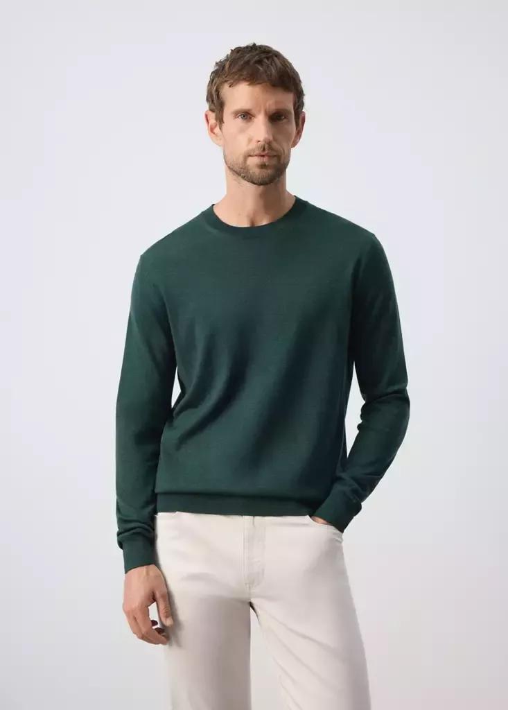 Green Fine-Knit Merino Wool Jumper, Dark Green, large image number 1