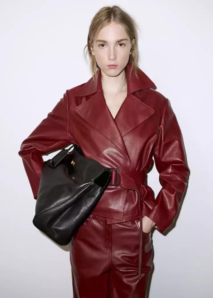 Purple Crop Leather Trench Coat With Belt, Dark Red, large image number 1