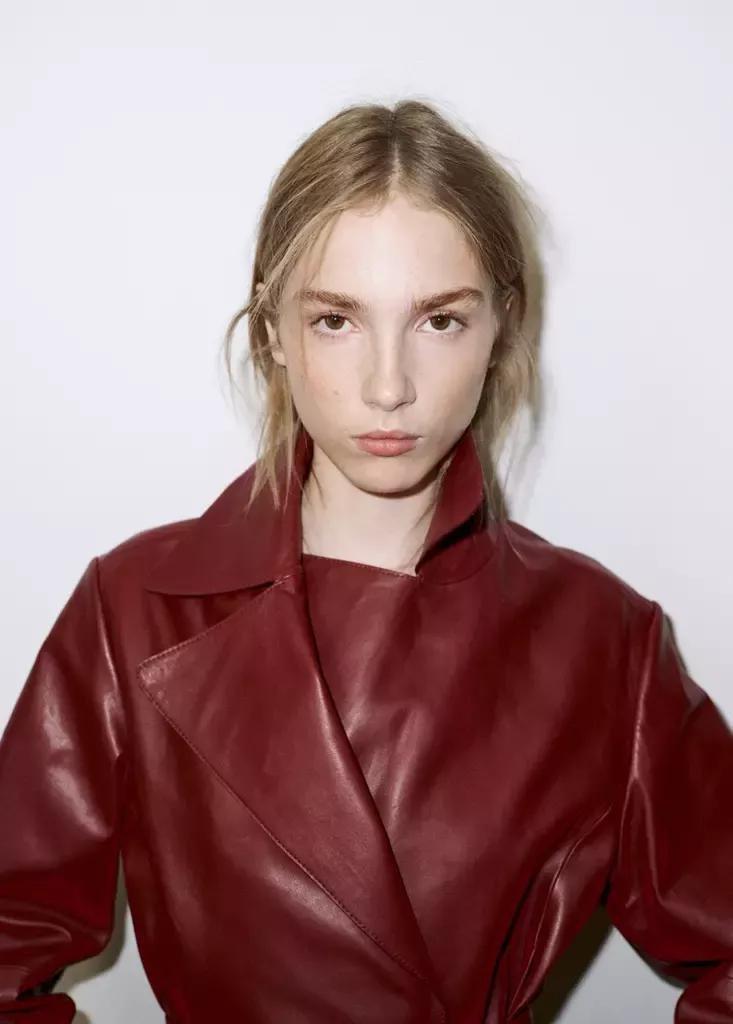 Purple Crop Leather Trench Coat With Belt, Dark Red, large image number 4