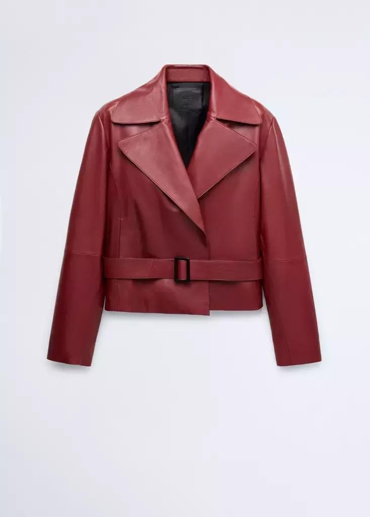 Purple Crop Leather Trench Coat With Belt, Dark Red, large image number 5