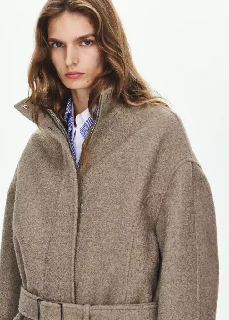 Brown Coat With Funnel Neck And Belt, Medium Brown, large image number 1