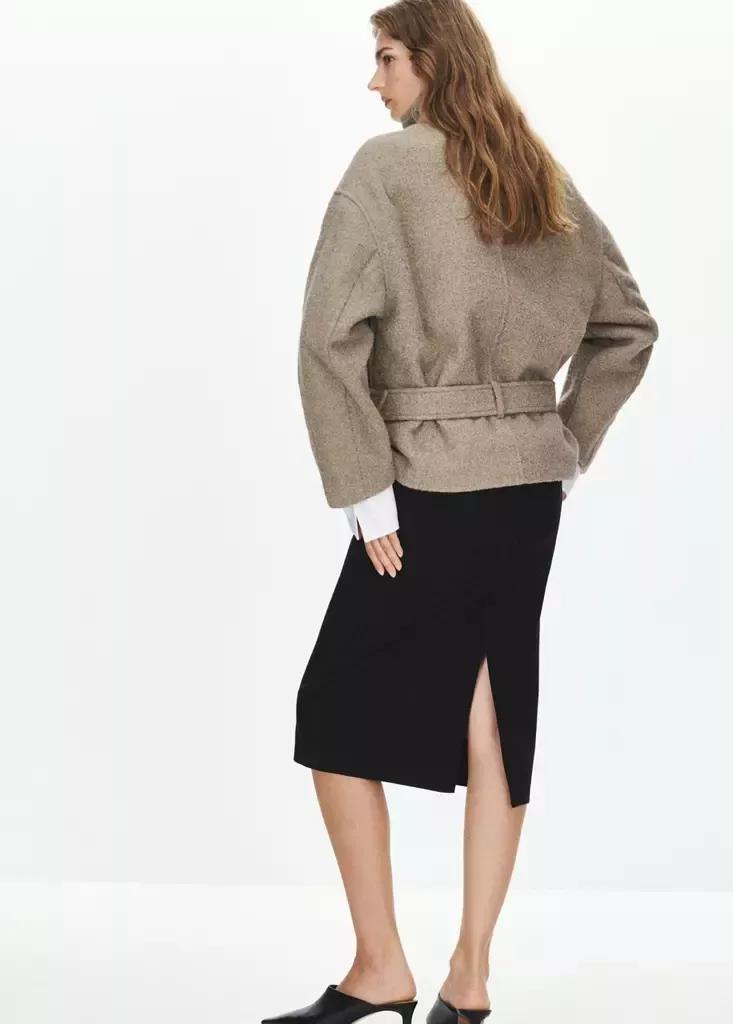 Brown Coat With Funnel Neck And Belt, Medium Brown, large image number 2