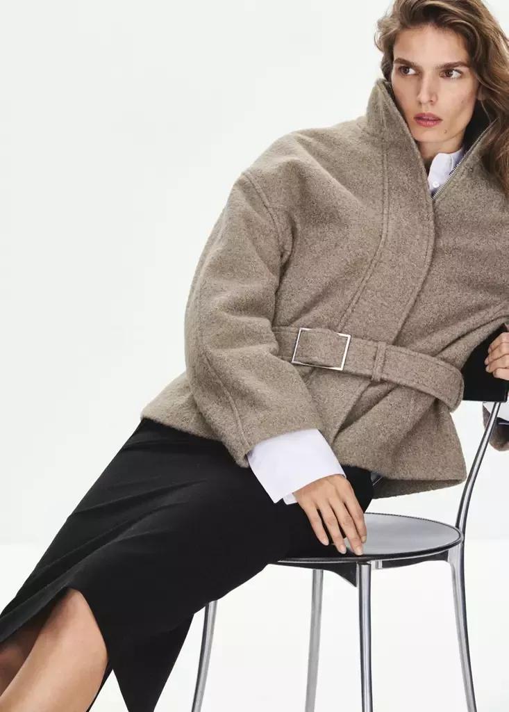 Brown Coat With Funnel Neck And Belt, Medium Brown, large image number 4