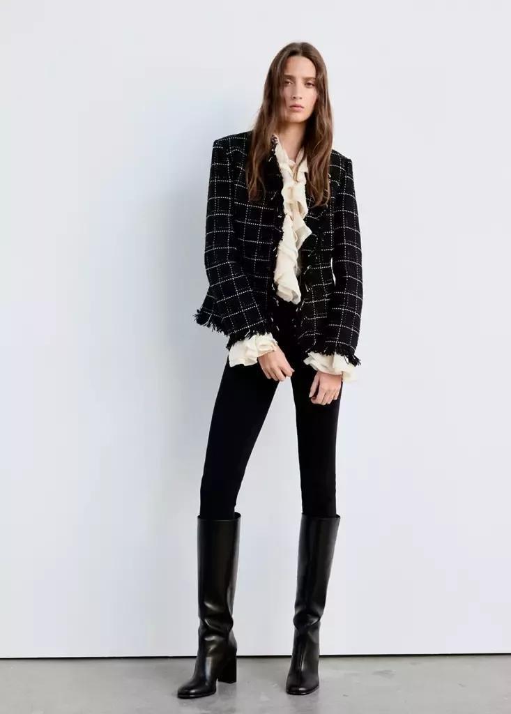 Black Tweed Blazer With Fringe, Black, large image number 0