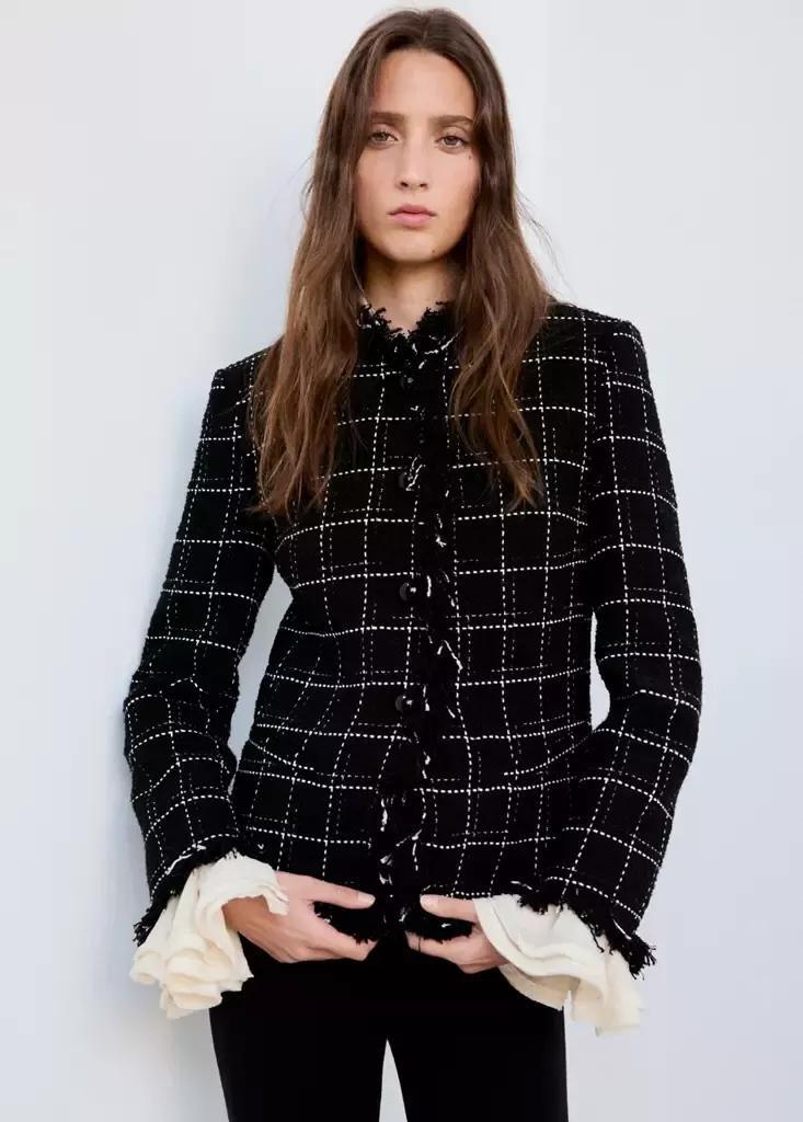 Black Tweed Blazer With Fringe, Black, medium