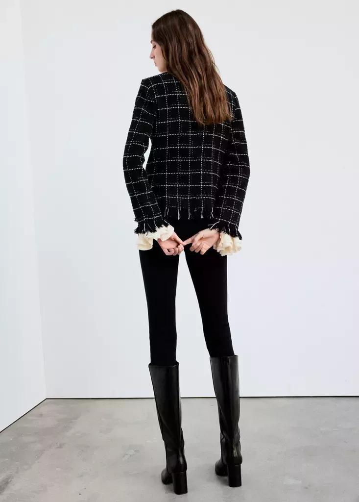 Black Tweed Blazer With Fringe, Black, large image number 2