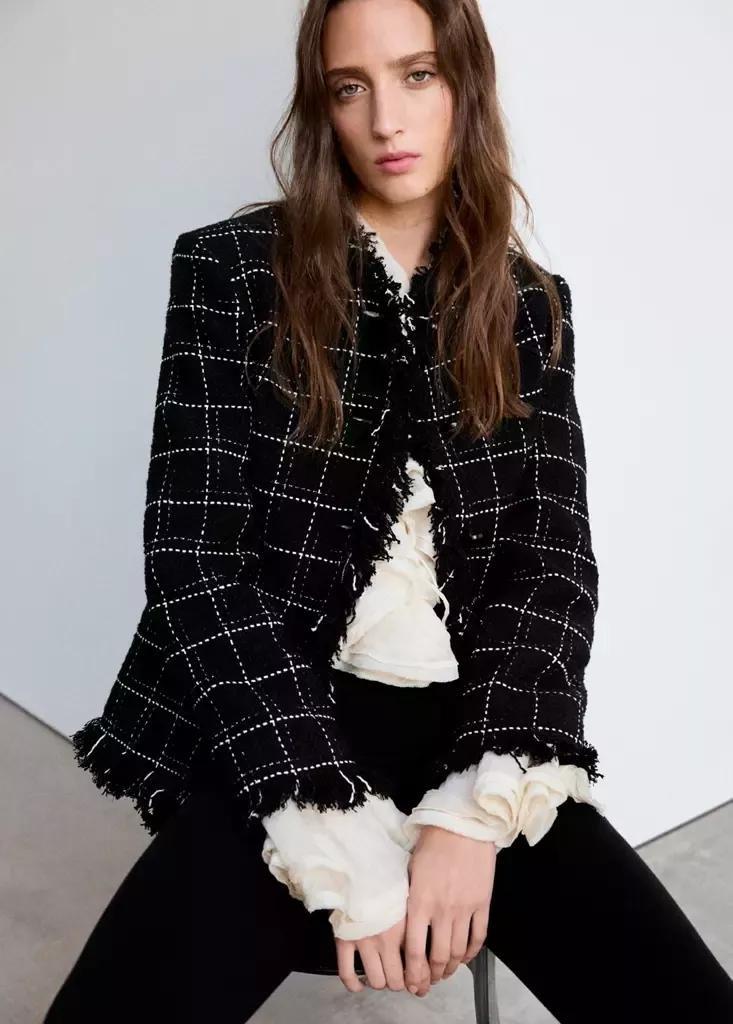 Black Tweed Blazer With Fringe, Black, large image number 4
