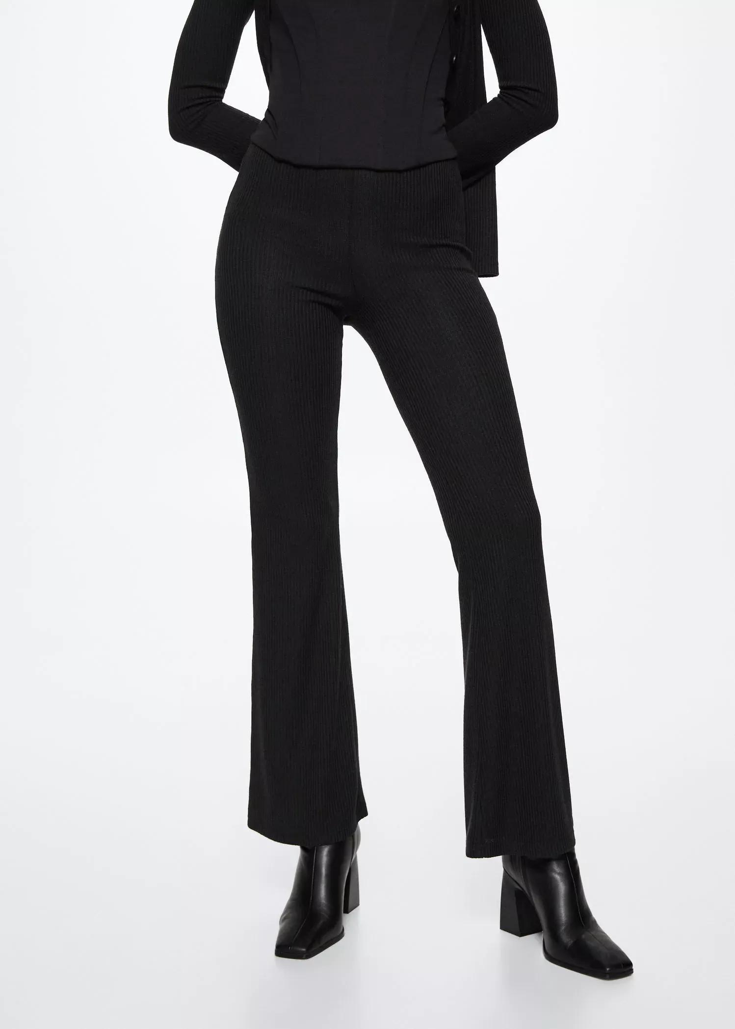 Black Ribbed Flare Trousers, , large image number 0