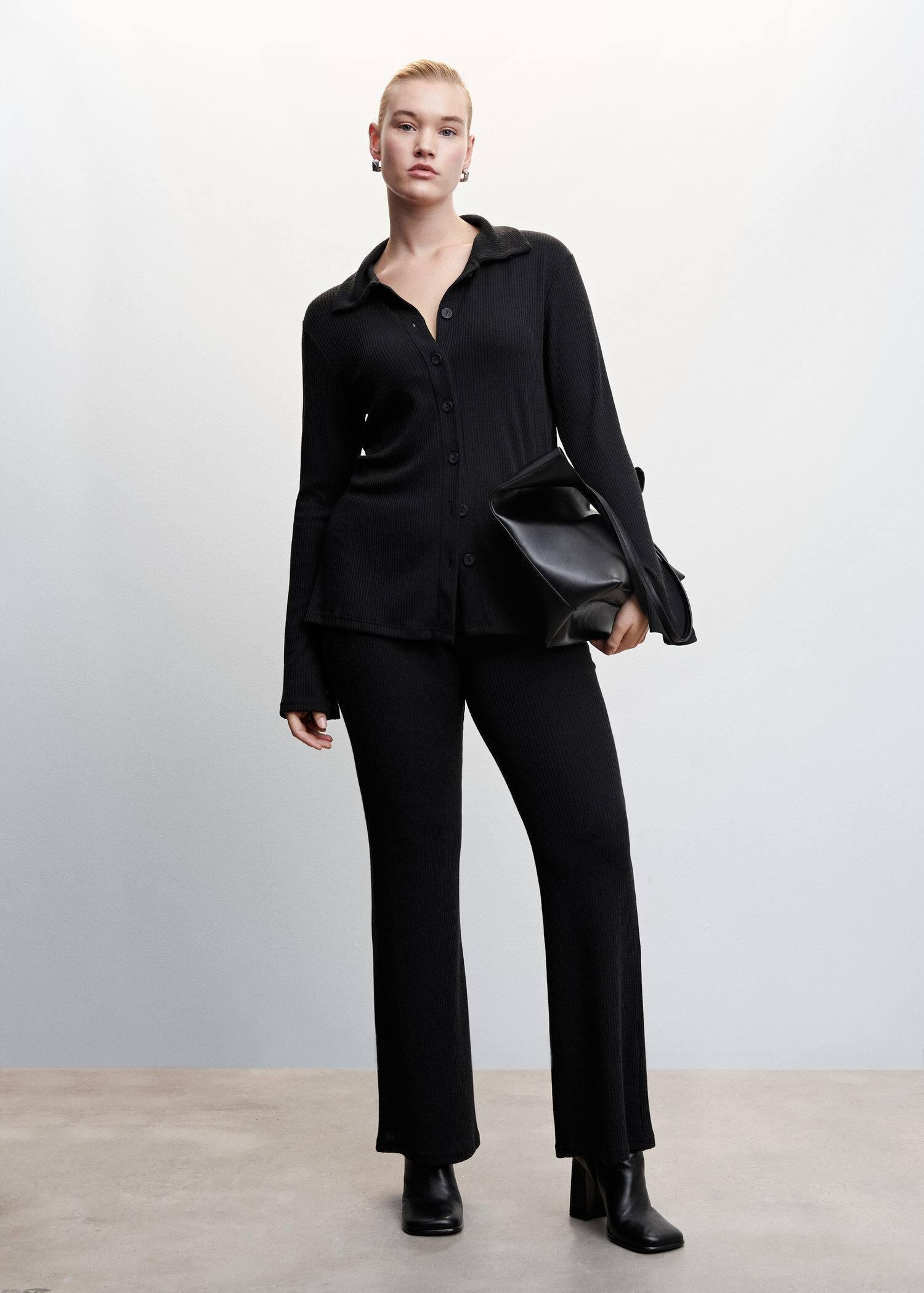 Black Ribbed Flare Trousers, , large image number 1