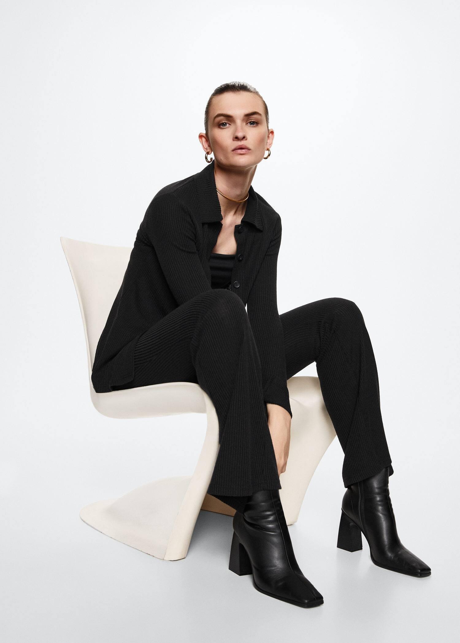 Black Ribbed Flare Trousers, , large image number 2