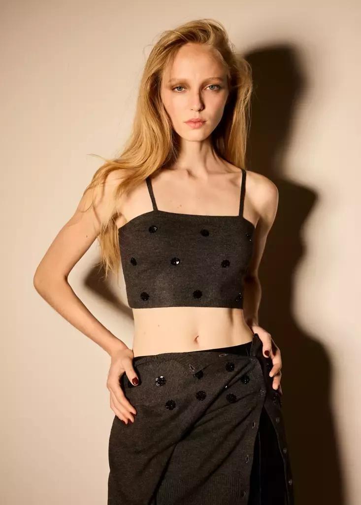 Grey Beaded Crop Top, Charcoal, large image number 1