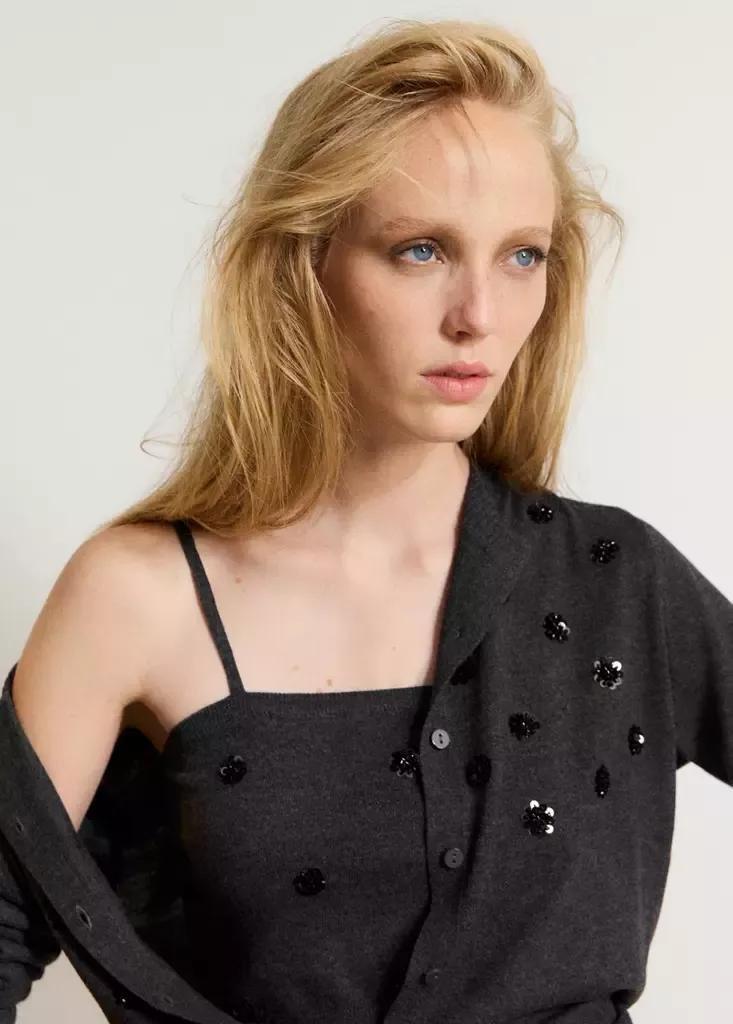 Grey Beaded Crop Top, Charcoal, large image number 3
