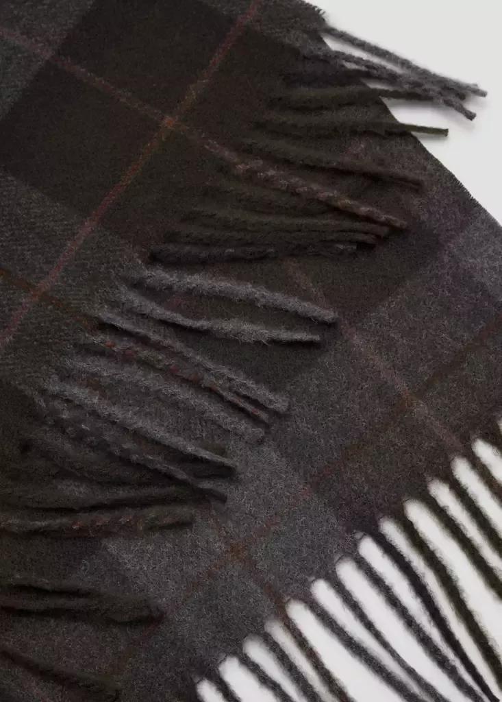 Khaki Checked Scarf With Fringed Edges, Beige - Khaki, medium