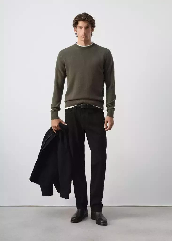 Khaki Knitted Wool Blend Sweater, Beige - Khaki, medium
