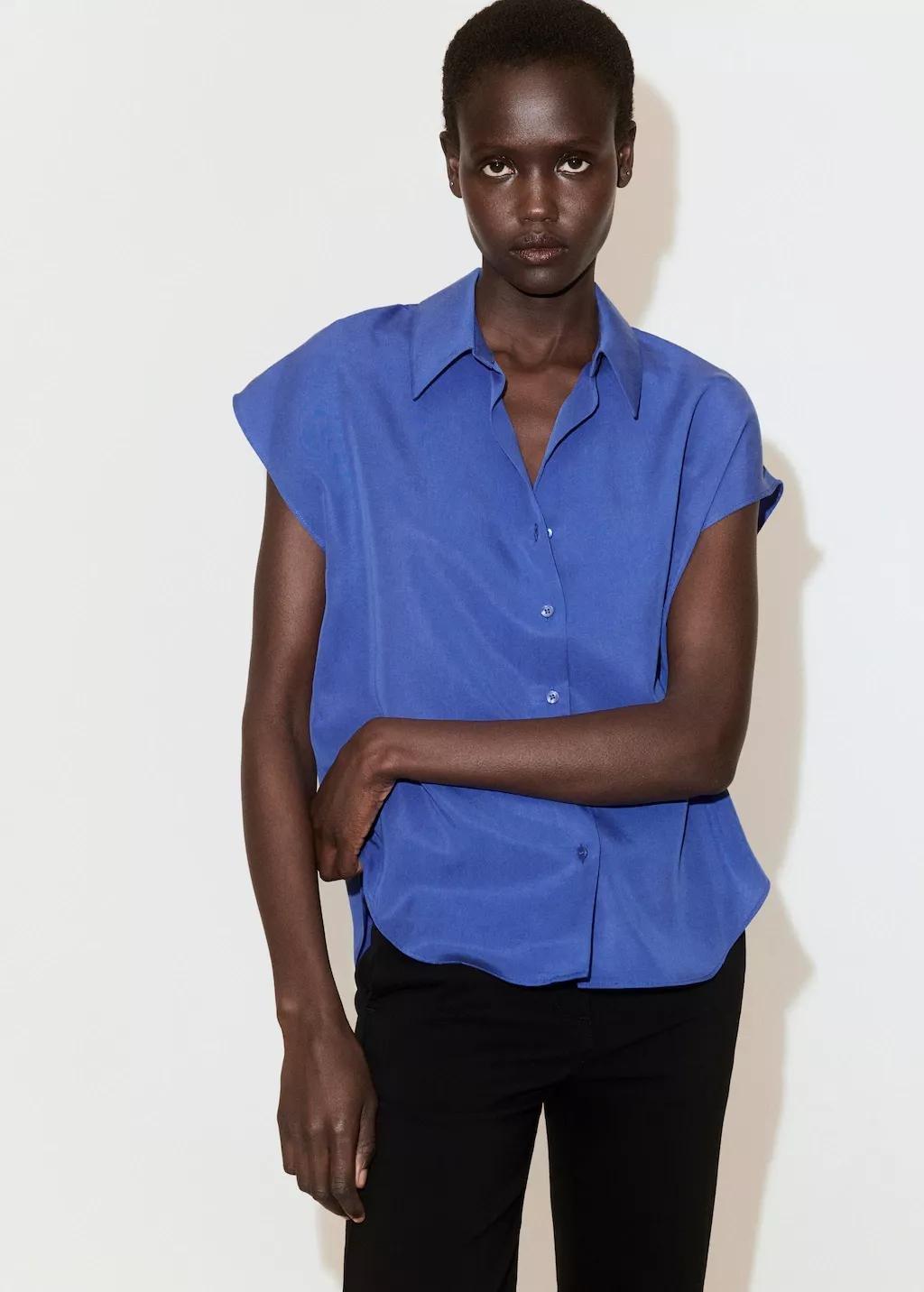 Blue Short-Sleeved Lyocell Shirt, 0201_52, large image number 3