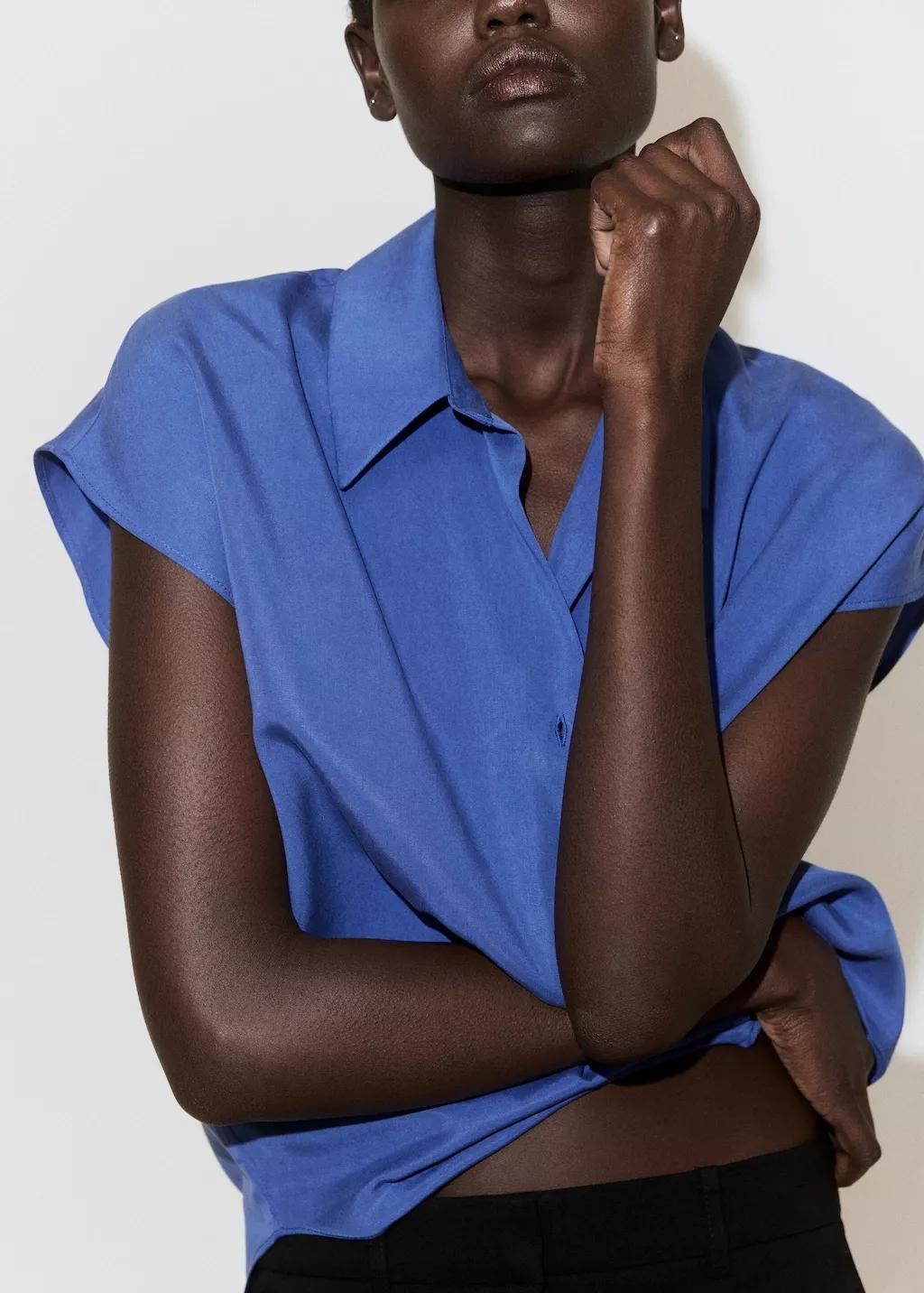 Blue Short-Sleeved Lyocell Shirt, 0201_52, large image number 4