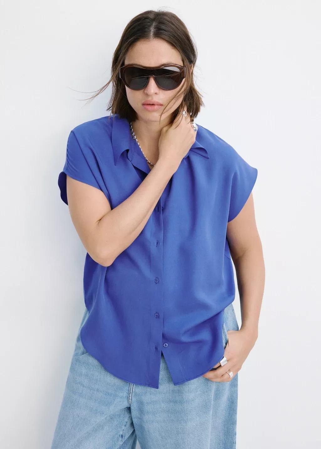 Blue Short-Sleeved Lyocell Shirt, 0201_52, large image number 6