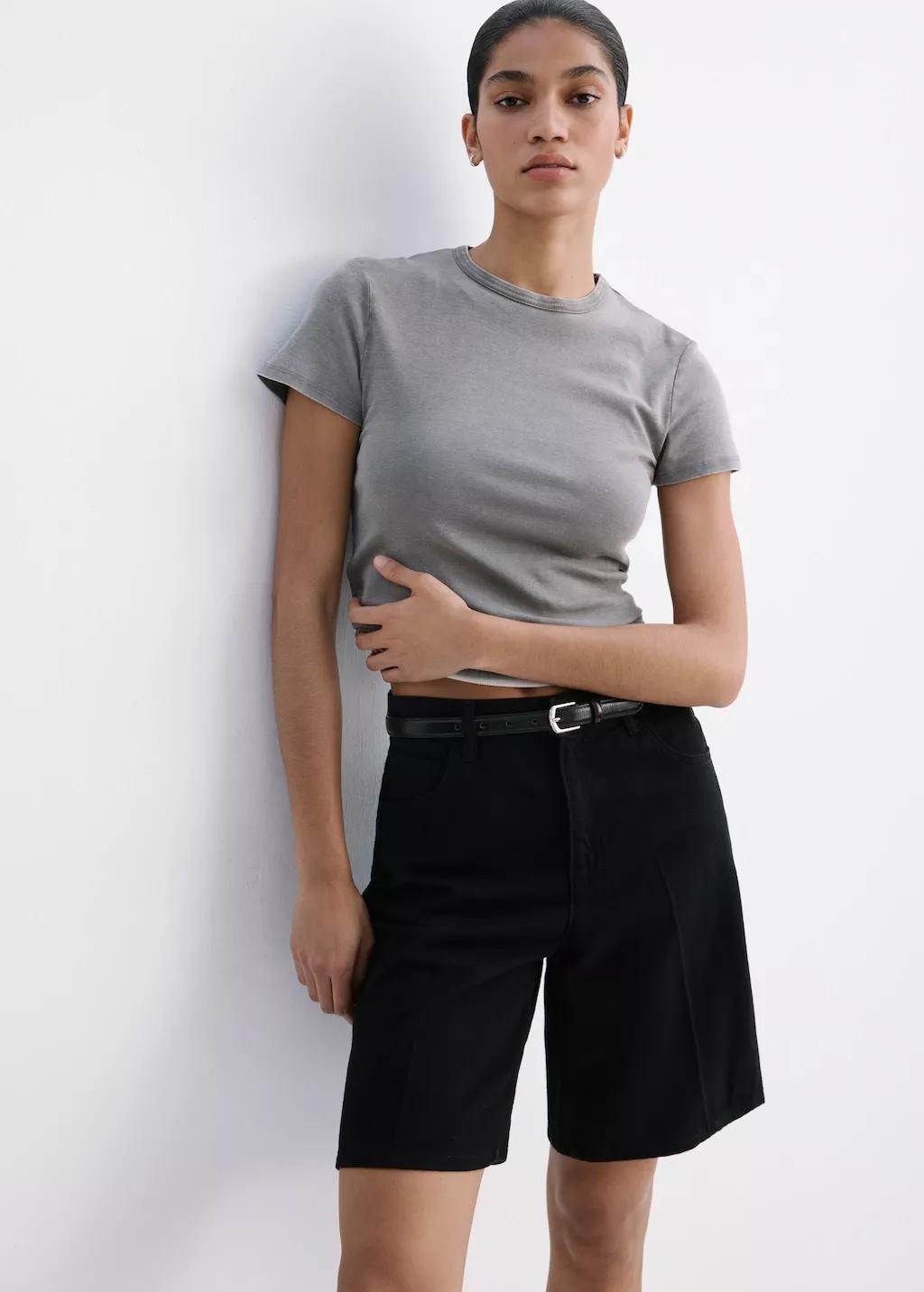 Grey High-Waist Straight-Fit Denim Shorts, Open Grey, large image number 4
