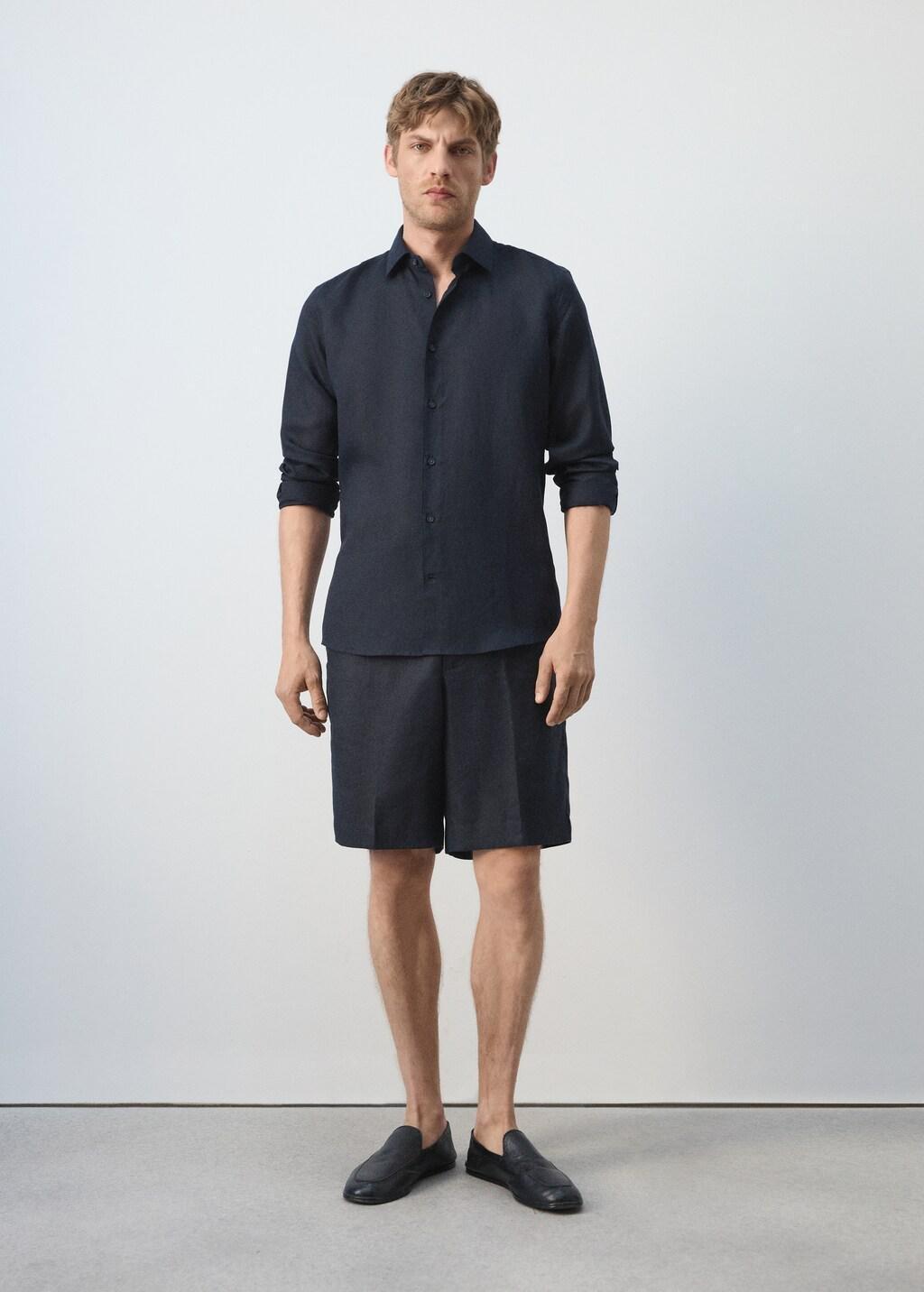 Blue Regular Fit Linen Lyocell Shirt, Navy, large image number 0